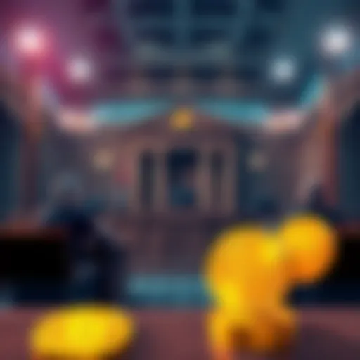 A courtroom scene with a judge, lawyers, and Bitcoin symbols representing the potential impact of a court case on Bitcoin taxes