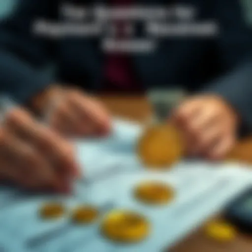 A person filling out tax forms with Bitcoin symbols and cash on the table