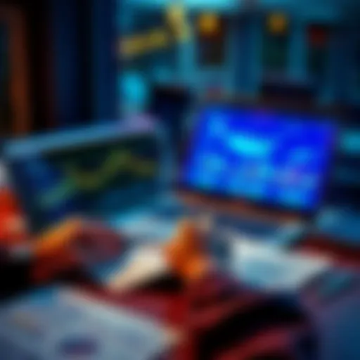 A person analyzing Bitcoin transactions on a laptop with tax documents and charts on a table.