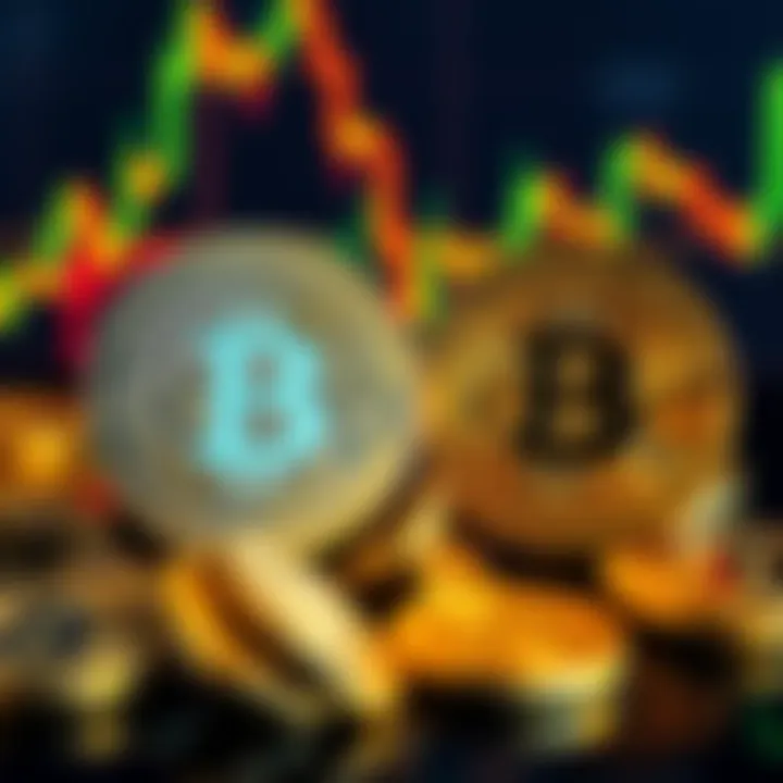 Visual representation of Bitcoin and Tether coins with a backdrop of market graphs indicating volatility