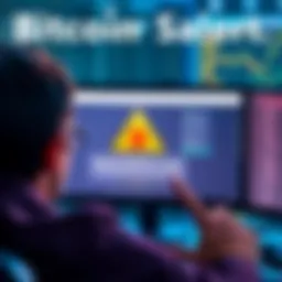 A worried person looking at a computer screen displaying a Ledger wallet with a warning sign about stolen Bitcoin.