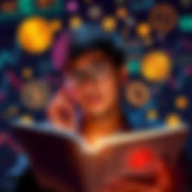 A person analyzing various theories about Bitcoin's creation, surrounded by cryptocurrency symbols and charts.