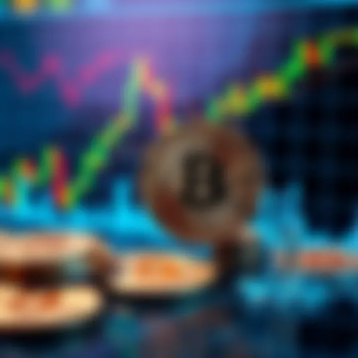A digital chart showing Bitcoin price fluctuations alongside physical Bitcoin coins