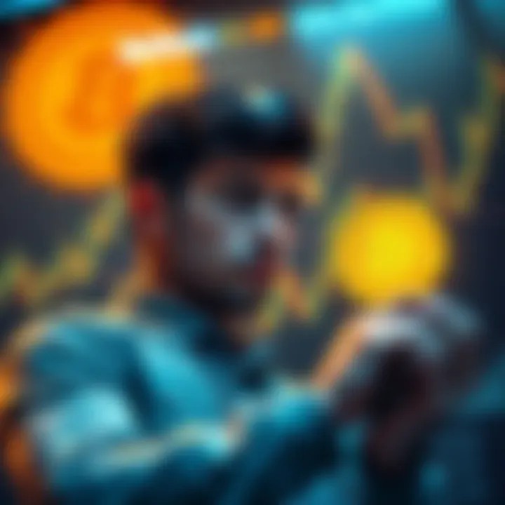 A beginner weighing options between selling Bitcoin or holding it, with charts and Bitcoin symbols in the background.