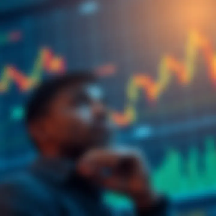 A person contemplating whether to hold or sell Bitcoin with a graph showing price fluctuations in the background.