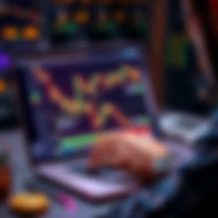 Bitcoin Trading Decisions A person analyzing Bitcoin charts on a laptop with graphs and candle sticks, weighing the risks of trading versus holding.