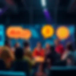 A group of people sharing ideas on trading items with bitcoin instead of selling, with speech bubbles around them.