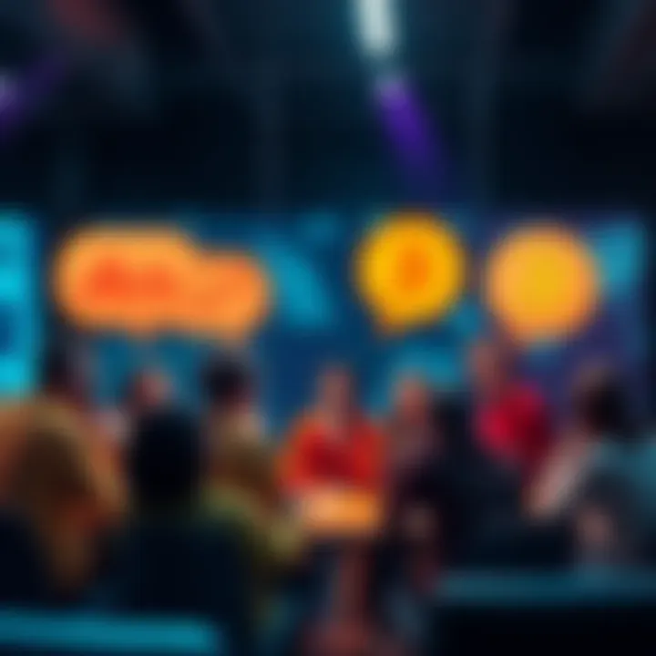 A group of people sharing ideas on trading items with bitcoin instead of selling, with speech bubbles around them.