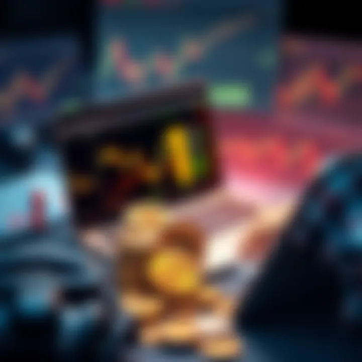 A person analyzing Bitcoin market trends on a laptop, surrounded by charts and graphs, with coins nearby.