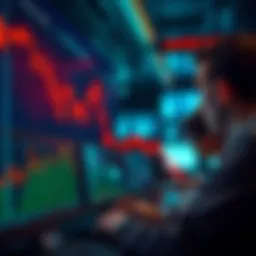 A graph showing Bitcoin prices declining with a large percentage of holders in red indicating losses. The backdrop features a worried trader looking at screens with charts.