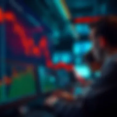 A graph showing Bitcoin prices declining with a large percentage of holders in red indicating losses. The backdrop features a worried trader looking at screens with charts.