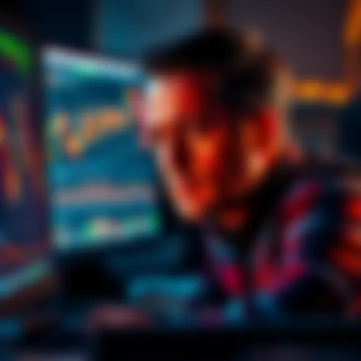 A worried investor looking at falling Bitcoin prices on a computer screen