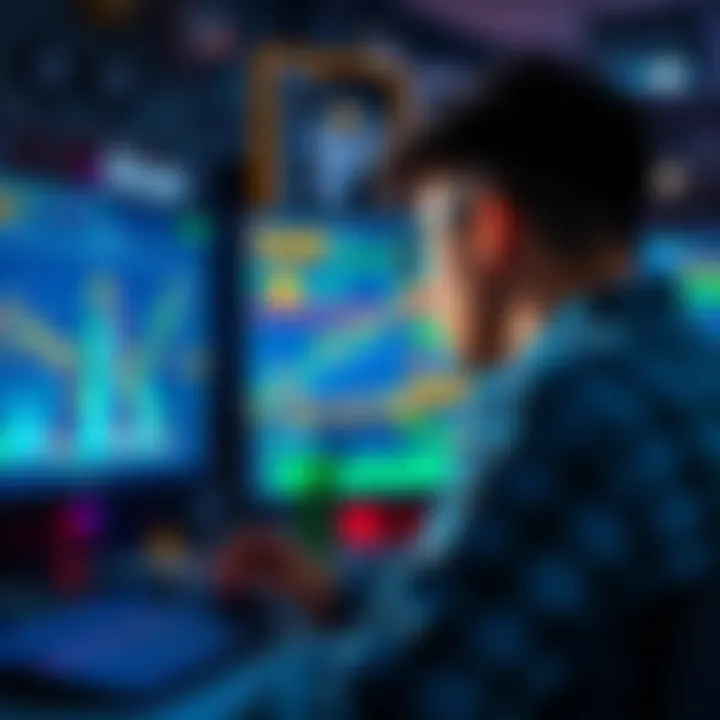 Bitcoin mining and trading concept A person looking at a computer screen displaying Bitcoin trading charts and mining graphics, representing the challenges of earning Bitcoin today.