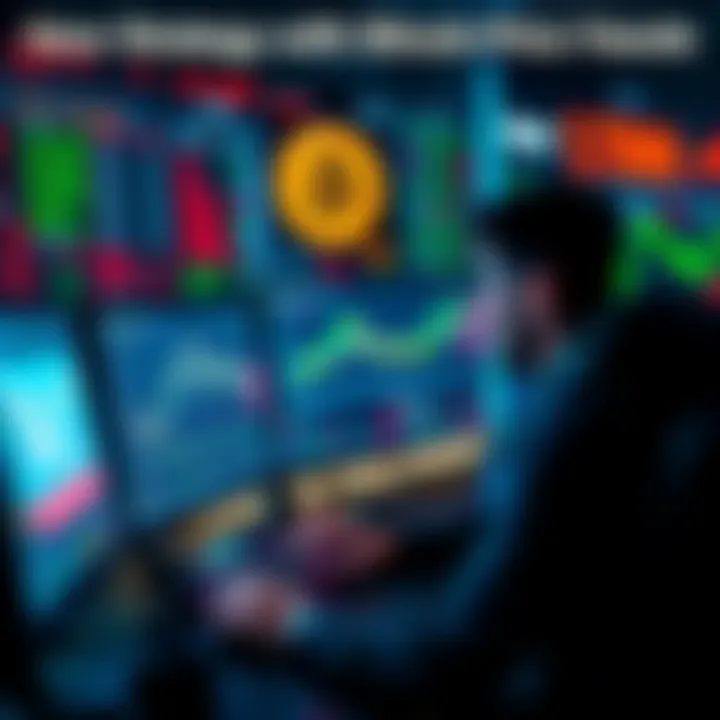 A trader using a computer, analyzing Bitcoin prices with charts and graphs, focusing on limit orders to make purchases without price drops.