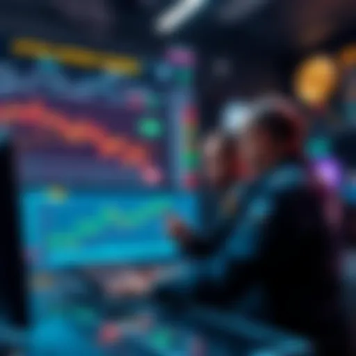 A graphic showing rising Bitcoin prices with traders analyzing charts and making decisions.