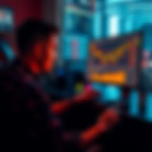 A person sitting at a computer screen displaying Bitcoin charts, looking focused and alert without any stimulants like coffee or cigarettes nearby.