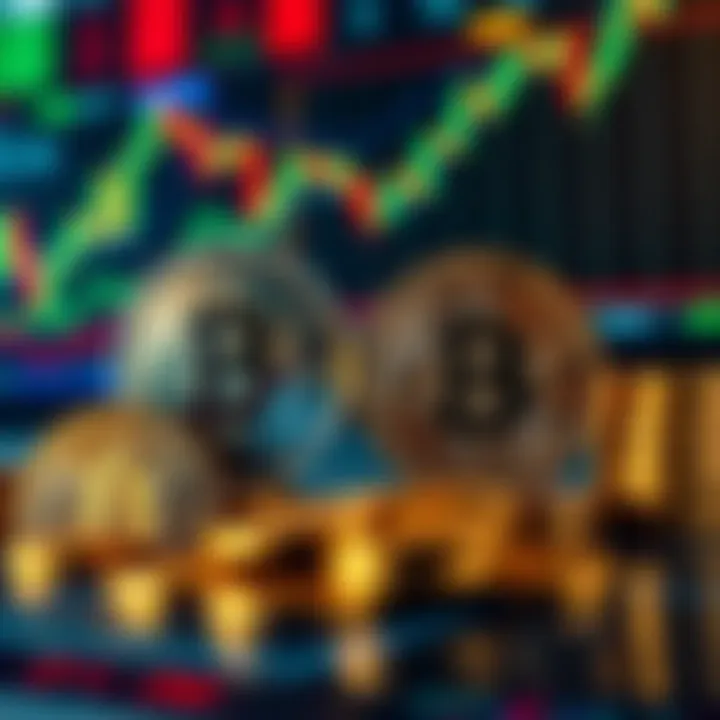 A graphic showing Bitcoin coins beside traditional financial graphs and stock market symbols, illustrating a comparison between cryptocurrency and traditional assets like ETFs and stocks.