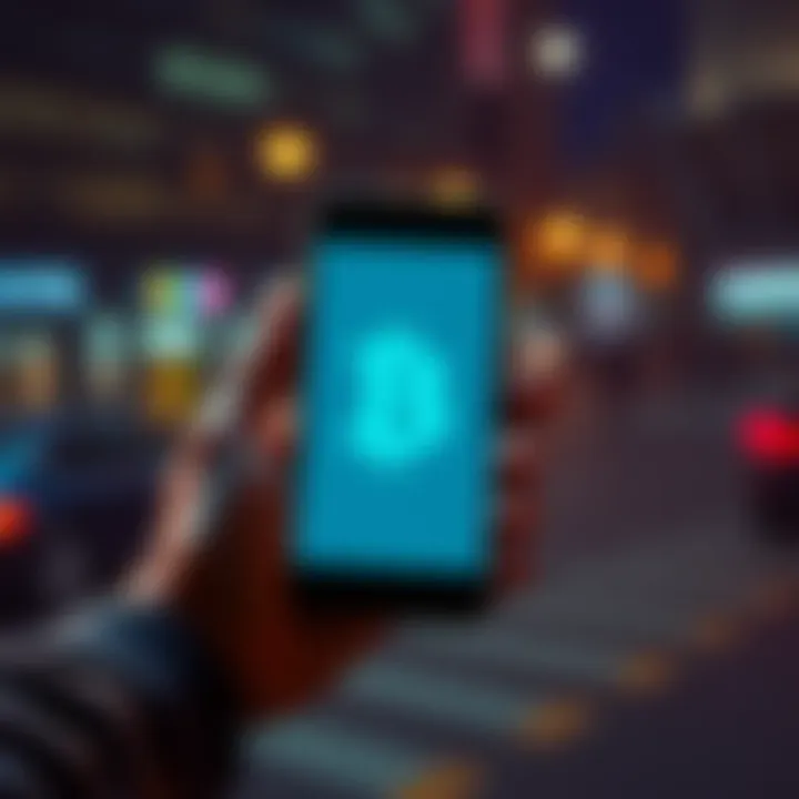 A person holding a phone showing a Bitcoin symbol and a dollar sign, indicating a sale of Bitcoin for cash.