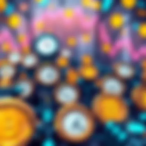 An illustration showing Bitcoin transactions stuck in a network, with clock icons indicating long wait times and fluctuating fee graphs in the background.