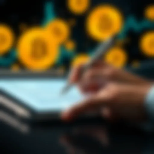 A close-up of a person signing a digital agreement on a tablet, with Bitcoin symbols in the background.