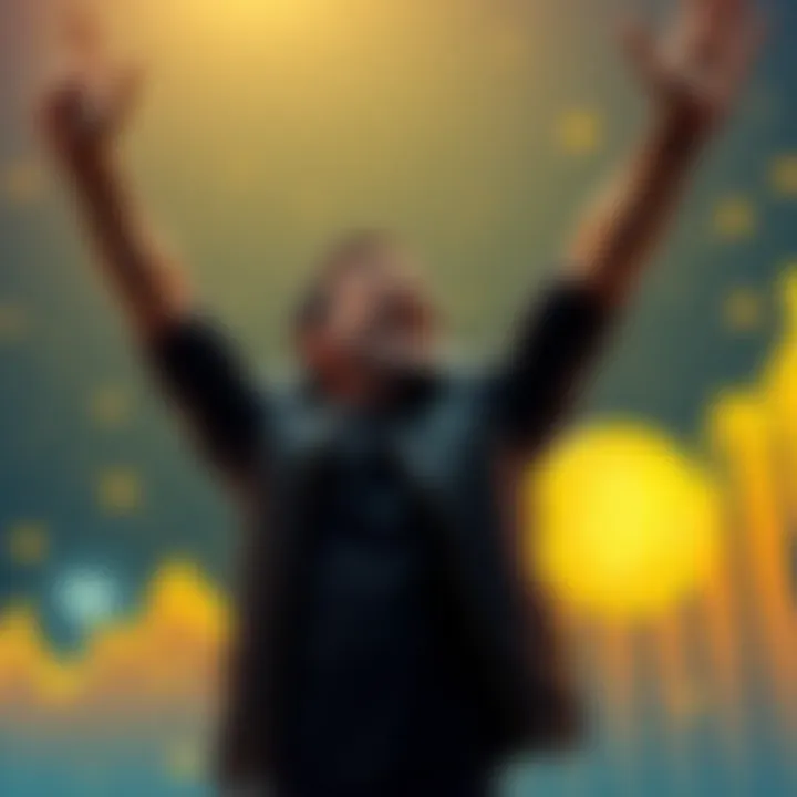 Person celebrating financial success after buying Bitcoin, with a backdrop of a rising Bitcoin graph.