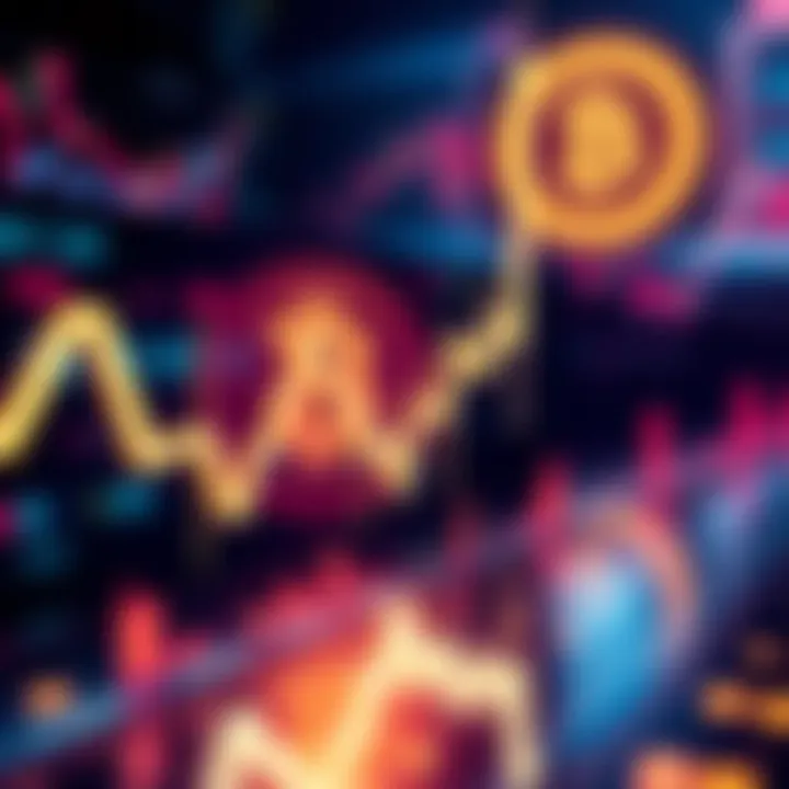 A digital graphic showing a Bitcoin symbol with an upward trend line and falling line representing market fluctuations.