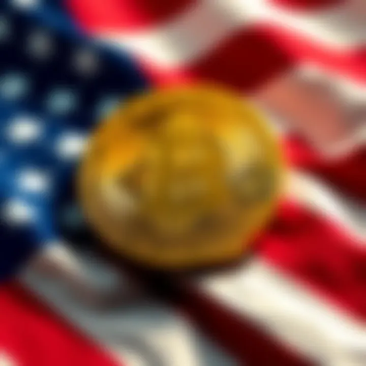 A Bitcoin symbol against the backdrop of the US flag, representing the potential impact of a government shutdown on cryptocurrency.