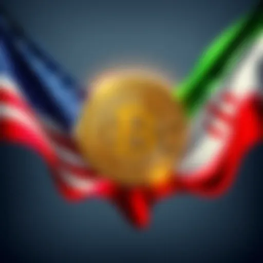 Bitcoin with US and Iran flags An illustration showing a Bitcoin symbol between the flags of the US and Iran, representing market tensions
