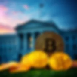 A visual of Bitcoin coins next to a U.S. treasury building, symbolizing the impact of cryptocurrency on national finances.