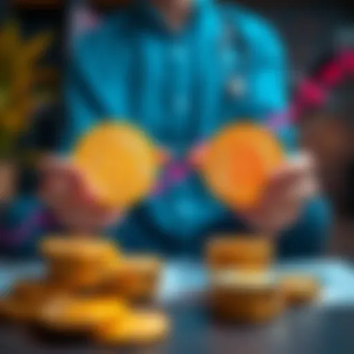 A person is comparing Bitcoin spending and holding strategies, with a graph showing Bitcoin prices and coins on the table