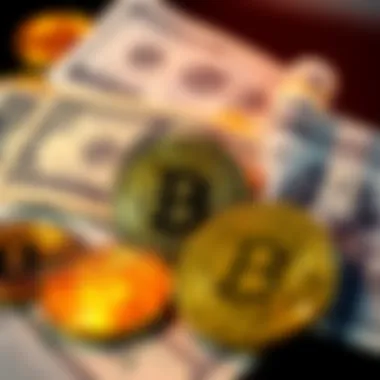 Bitcoin and US Dollar Comparison A visual representation of Bitcoin coins next to US dollar bills, highlighting the contrast between cryptocurrency and traditional currency.