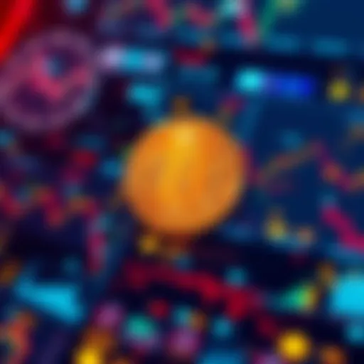 A glowing Bitcoin symbol surrounded by digital currency icons and graphs showing market trends