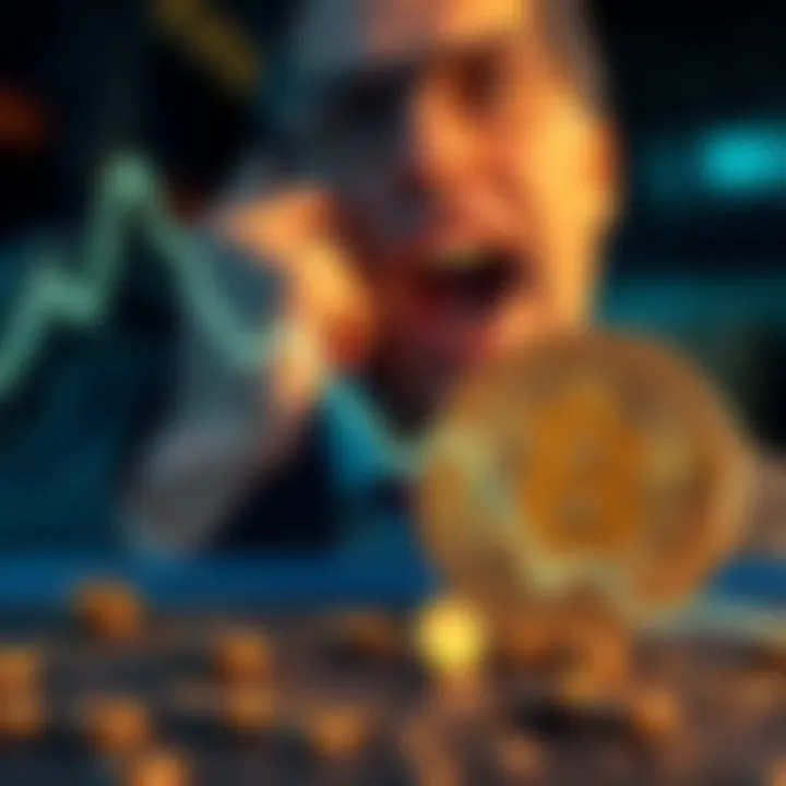 A downward graph representing Bitcoin's value drop, with a Bitcoin symbol in the foreground and a worried investor in the background.