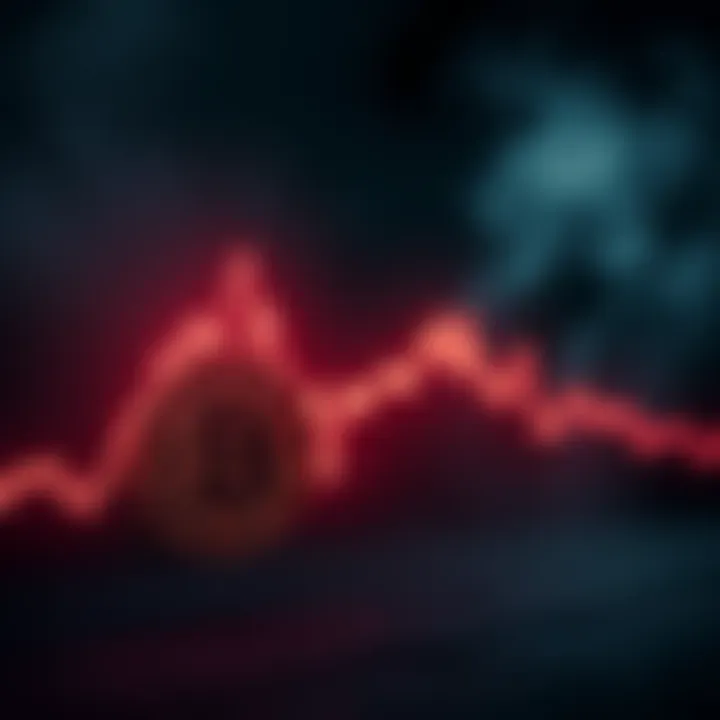 A graph showing a sharp drop in Bitcoin's value, indicating a potential fall to zero. The background features a dark and gloomy atmosphere.