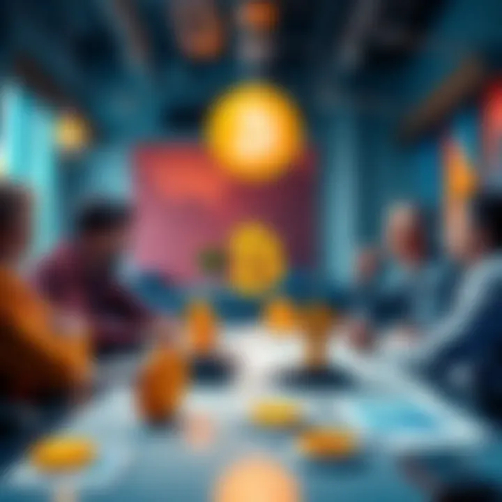 A group of people debating the value of Bitcoin in a casual setting, with charts and Bitcoin symbols on a table.