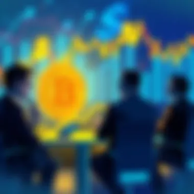People debating the value of Bitcoin, with charts and dollar signs in the background, symbolizing financial markets and investment.