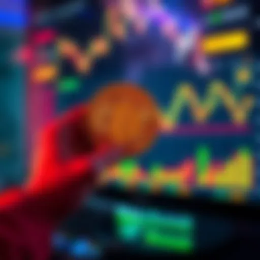 A person holds a Bitcoin while looking at a digital chart showing technology adoption trends.