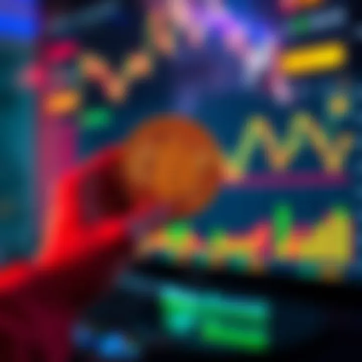 A person holds a Bitcoin while looking at a digital chart showing technology adoption trends.