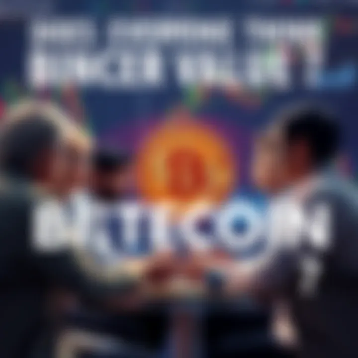 A group of people discussing Bitcoin's value with charts and graphs in the background