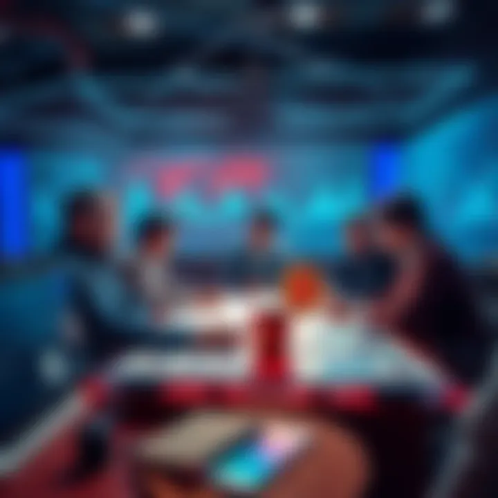 A group of people discussing Bitcoin's value and future with charts and graphs on a table.