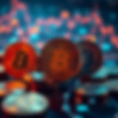 Bitcoin value prediction A futuristic graphic showing Bitcoin coins with high value tags, symbolizing potential price rise in the future.