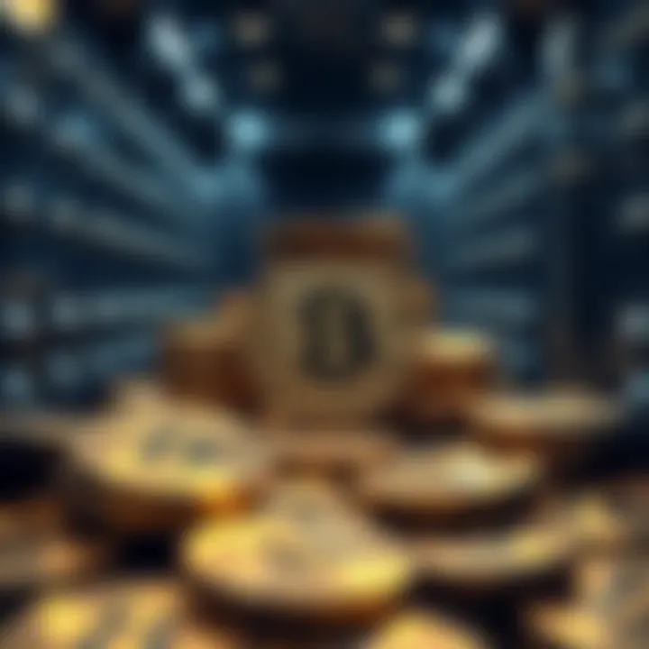 A collection of Bitcoin coins stacked neatly in a secure vault, representing all 21 million Bitcoin held in one place.