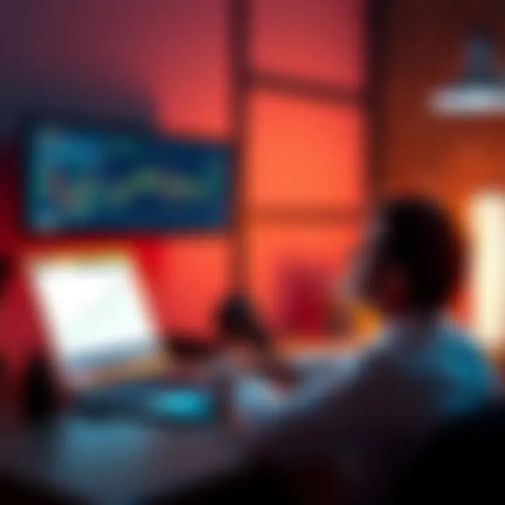 A person sits at a desk with a laptop, pondering the choice between investing in Bitcoin and altcoins, showing charts and graphs on the screen.
