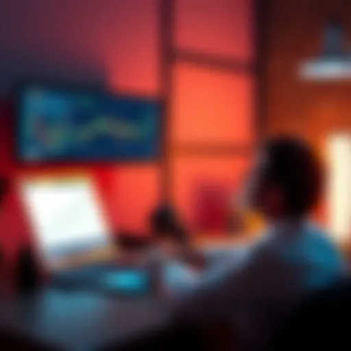 Person contemplating Bitcoin vs altcoins A person sits at a desk with a laptop, pondering the choice between investing in Bitcoin and altcoins, showing charts and graphs on the screen.
