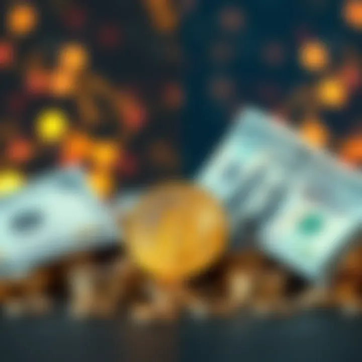 A visual comparison of Bitcoin and cash, showing coins and bills on a divided background, symbolizing investment choices.