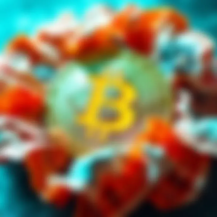 A Bitcoin symbol surrounded by crumpled traditional currency notes, representing a shift to digital currency