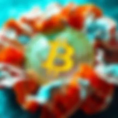 Bitcoin symbol with traditional currency notes A Bitcoin symbol surrounded by crumpled traditional currency notes, representing a shift to digital currency