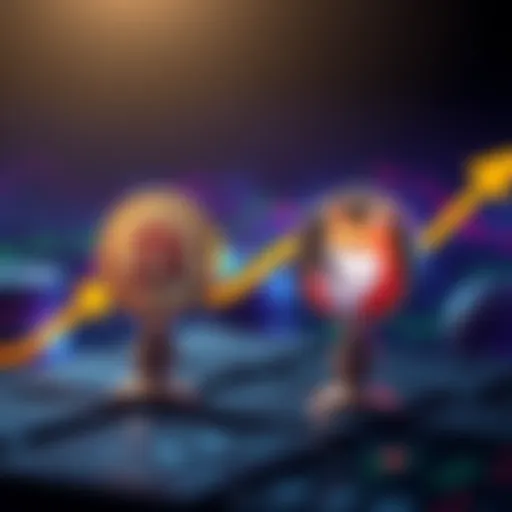 A graphic showing Bitcoin and Dogecoin symbols with arrows indicating potential growth, representing investment choices.