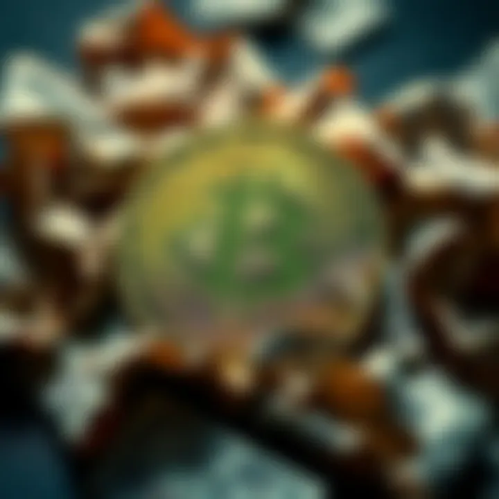 A Bitcoin symbol surrounded by crumpled dollar bills, representing the contrast between Bitcoin and traditional currency.
