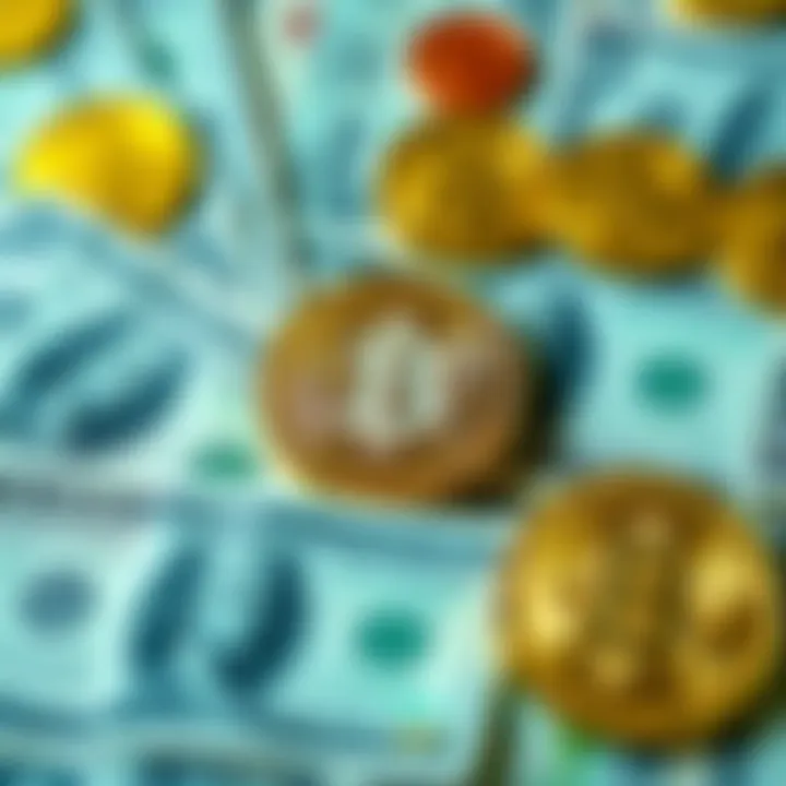 A visual representation showing Bitcoin symbols alongside US dollar bills, highlighting the contrast between cryptocurrency and fiat currency.